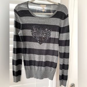Gray & Black striped sweater with heart/Size Large